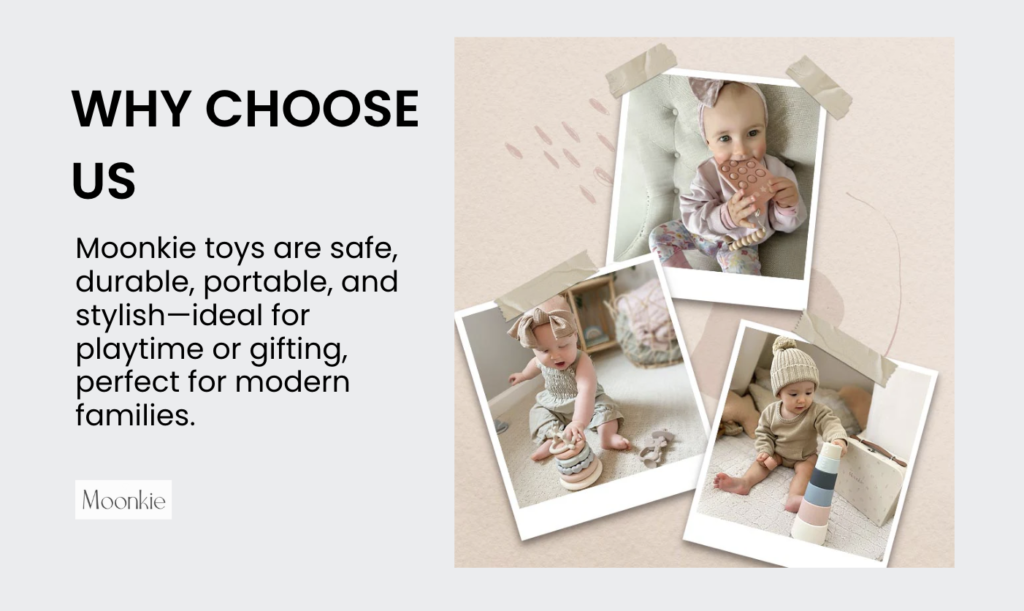 Moonkie's safe, durable, portable, and stylish toys—perfect for playtime or gifting for modern families.