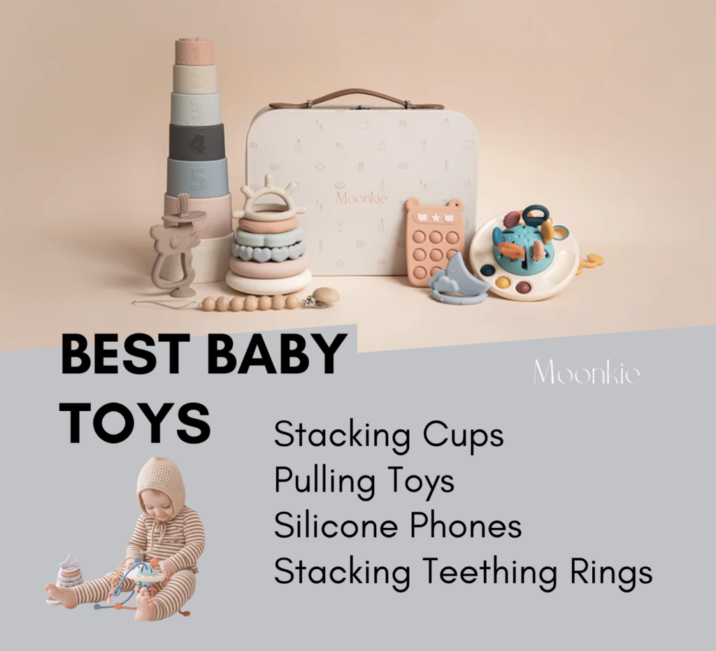 Moonkie’s “Best Baby Toys” include stacking cups, pulling toys, silicone phones, and teething rings, blending quality with modern design.